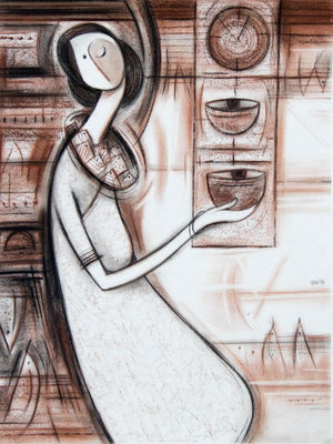 Journey V (Echoes of Time: A Symbolic Offering) by Dattatraya Thombare, Original Acrylic Figurative Painting on Canvas, Small Vertical Wall Art