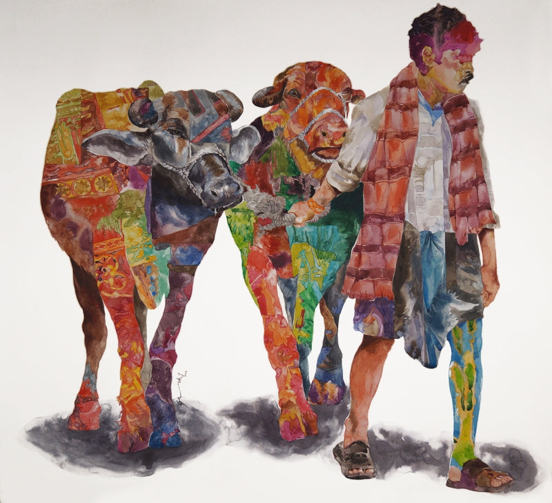 Journeys' figurative watercolor painting by artist Steven Gandhi, 28x31 inch, on paper