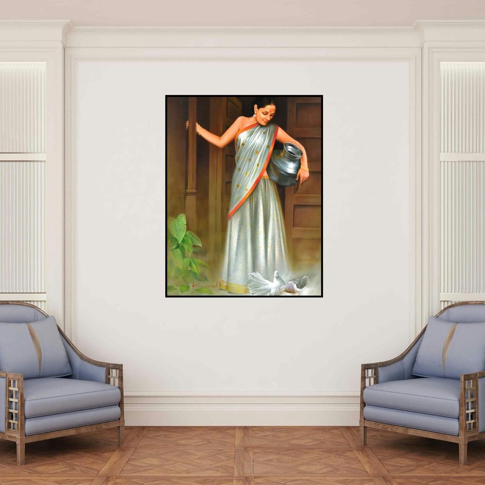 'Joy (Harmony in Nature)' painting by Kamal Rao shown on a wall in a furnished room.