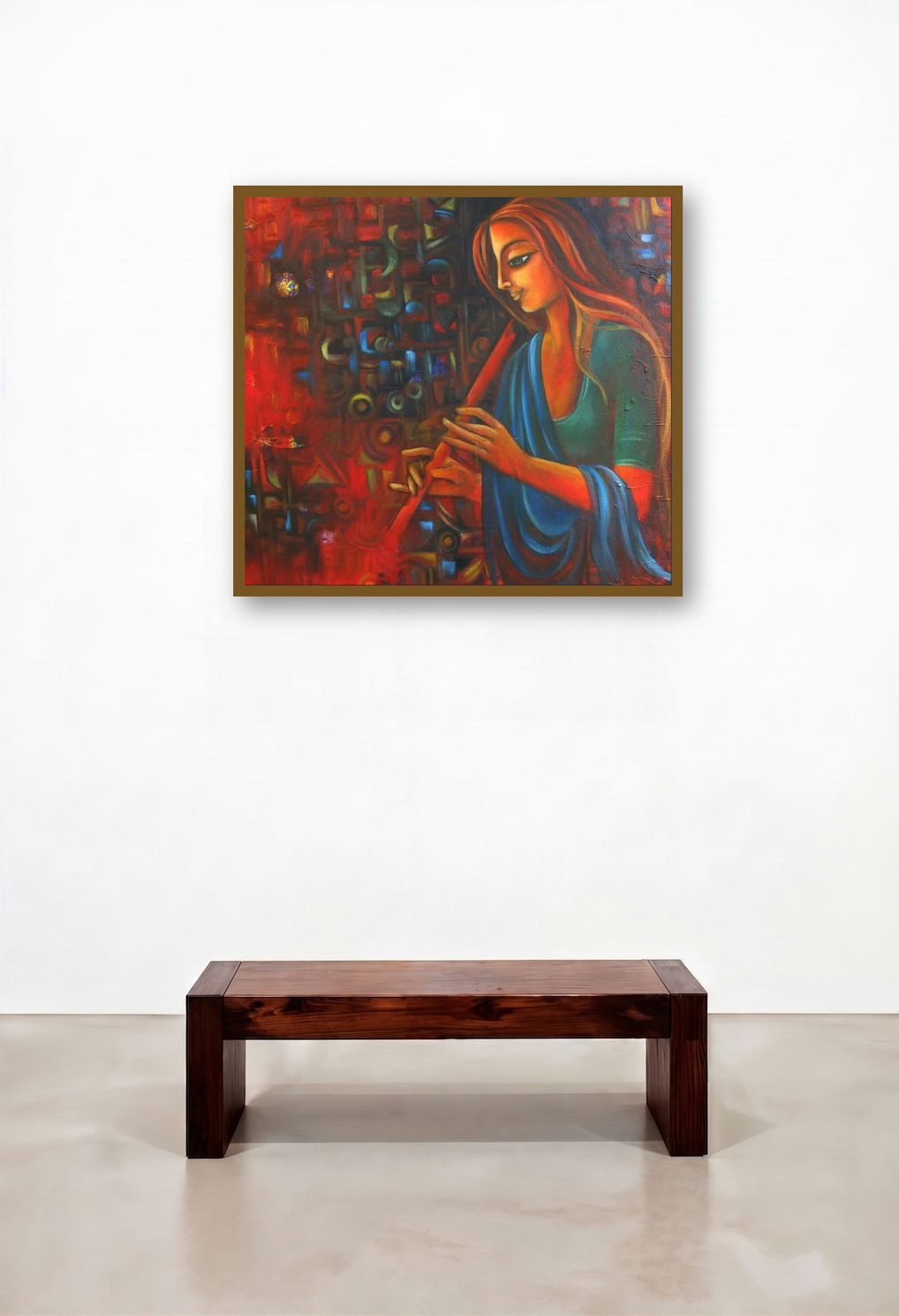 Joy Of Life (Crimson Melody) by artist Vijaya Ved displayed in a Art Deco Foyer