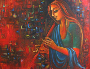 Joy Of Life (Crimson Melody) by Vijaya Ved, Original Oil Figurative Painting on Canvas, Medium Horizontal Wall Art