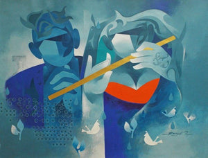 Joy Of Music 10 (Duet of Souls) by Ranjit Singh, Original Acrylic Figurative Painting on Canvas, Large Horizontal Wall Art