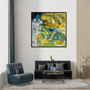 Preview of 'Joy On Wheels (Joy On Wheels)' Painting by Braj Mohan Arya shown on a wall in a furnished room.