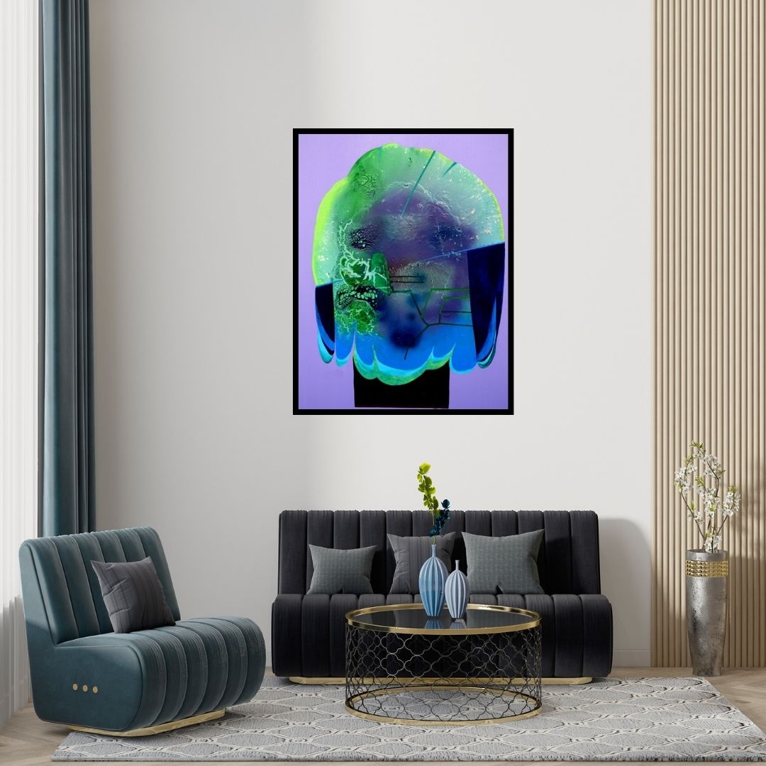 Preview of 'Joyful 6 (Cosmic Contemplation)' Painting by Vidhyasagar Upadhyay shown on a wall in a furnished room.