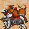 Joyful Nandi' religious acrylic-charcoal painting by artist Paras Parmar, 48x30 inch, on canvas