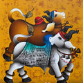 Joyful Nandi 2' religious acrylic-charcoal painting by artist Paras Parmar, 48x30 inch, on canvas