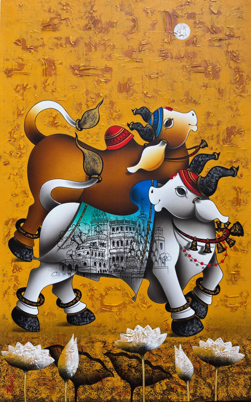 Joyful Nandi 2' religious acrylic-charcoal painting by artist Paras Parmar, 48x30 inch, on canvas