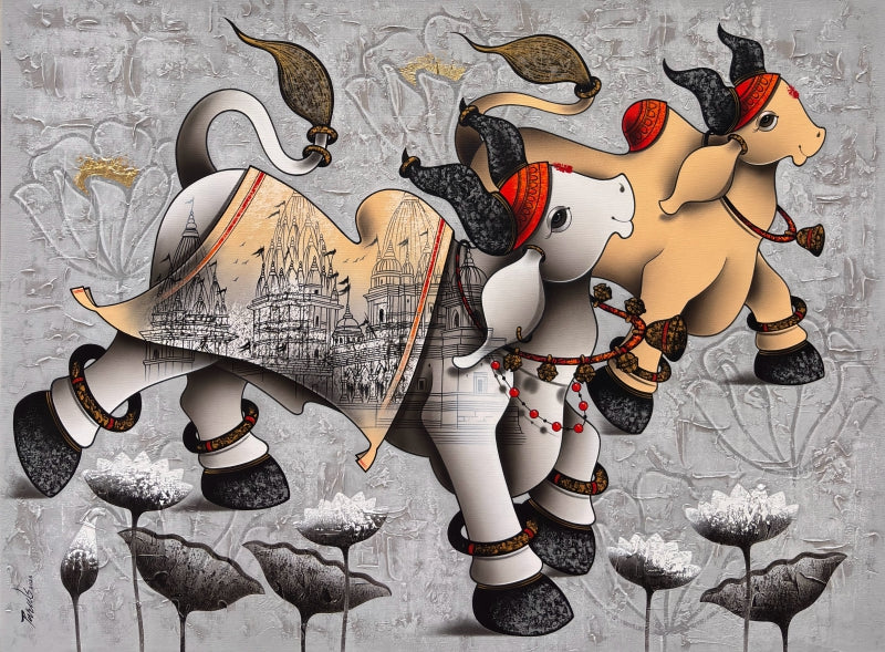Joyful Nandi' religious mixed-media painting by artist Paras Parmar, 36x48 inch, on canvas