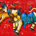 Joyful Nandi' religious mixed-media painting by artist Paras Parmar, 36x60 inch, on canvas