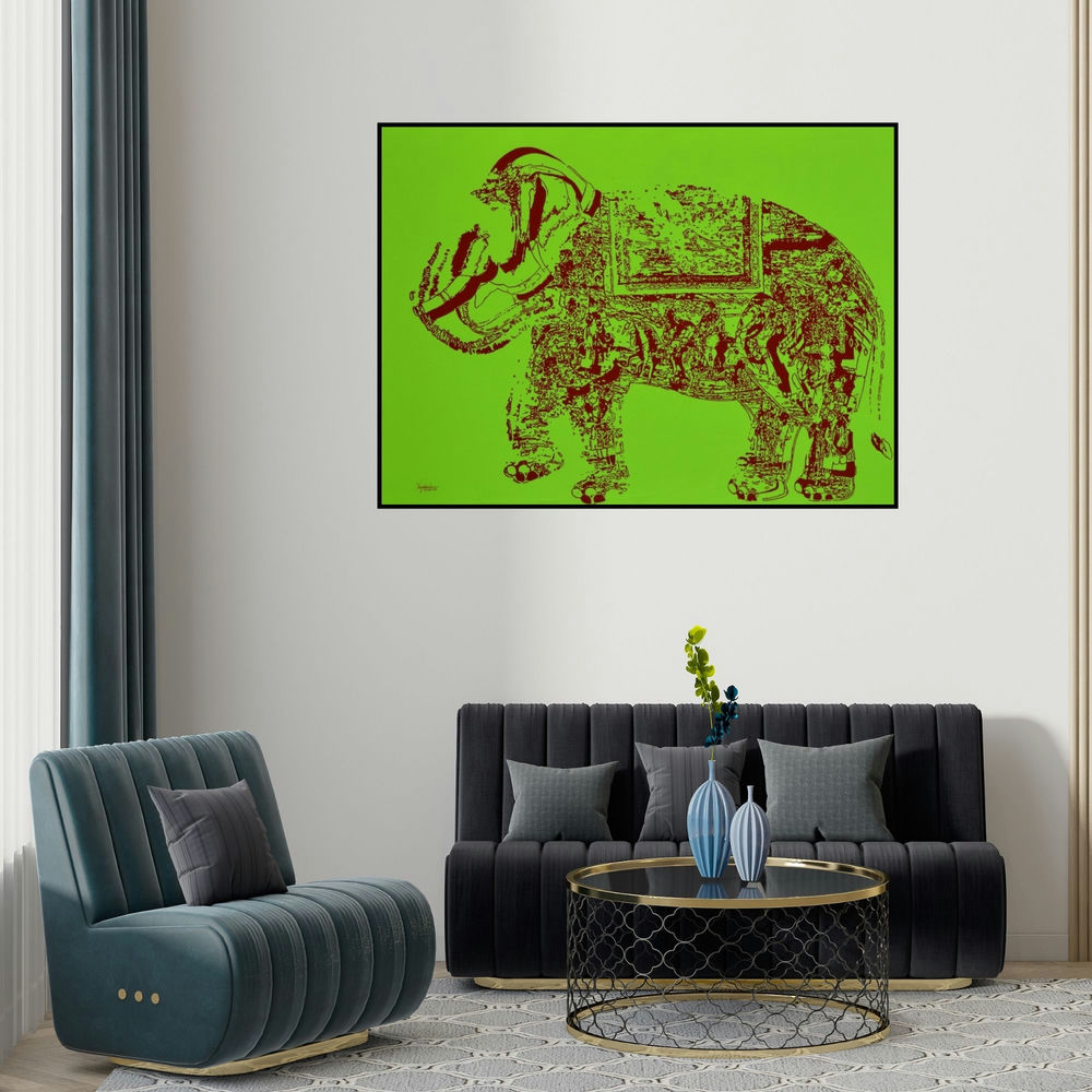 Niraja Bhuwal's 'Jubilation 8 (The Elephant's Journey)' painting visualized above a sofa in a contemporary room.