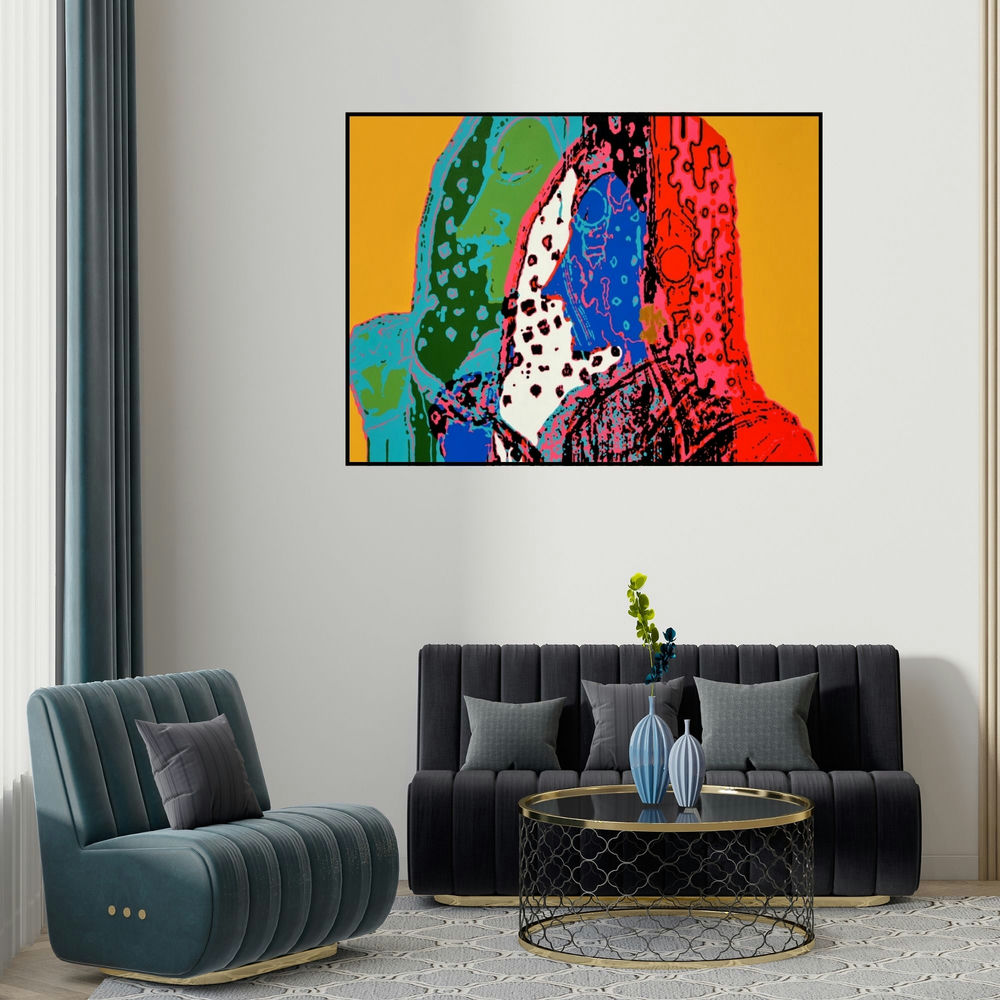 Niraja Bhuwal's 'Jubilation 9 (Gestalt)' painting visualized above a sofa in a contemporary room.