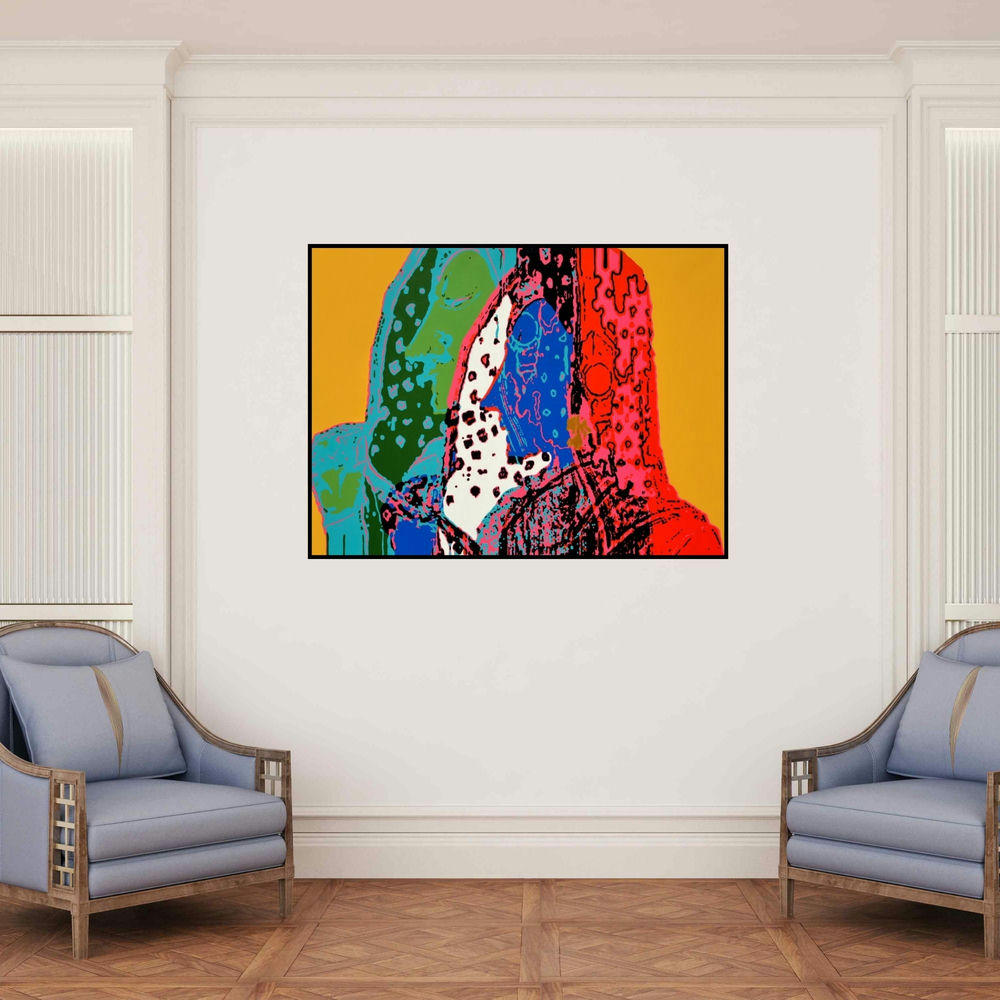 'Jubilation 9 (Gestalt)' painting by Niraja Bhuwal shown on a wall in a furnished room.