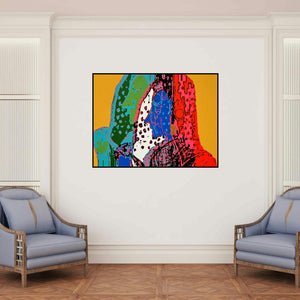 'Jubilation 9 (Gestalt)' painting by Niraja Bhuwal shown on a wall in a furnished room.