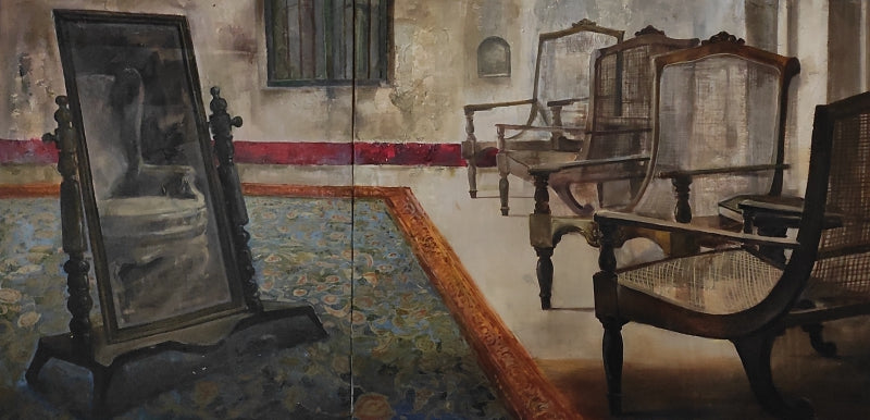 Judgement' still-life acrylic painting by artist Soyli Saha, 30x55 inch, on canvas