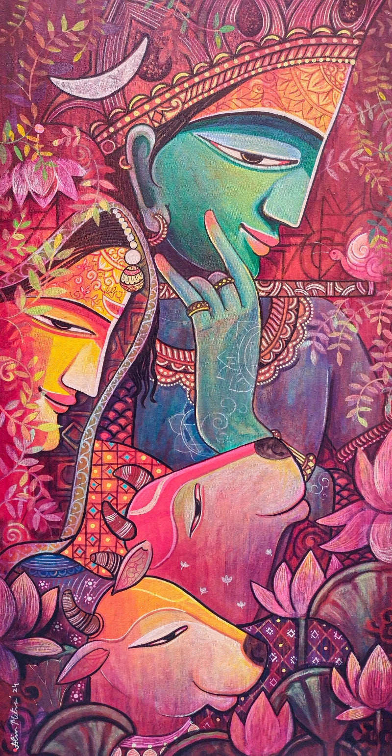Jugal Shree 1' religious acrylic painting by artist Atin Mitra, 30x28 inch, on canvas