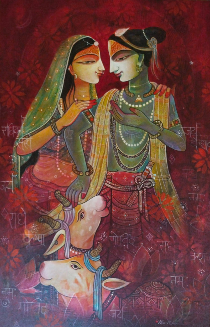 Jugal Shree 2' religious acrylic painting by artist Atin Mitra, 36x24 inch, on canvas