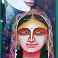 Religious acrylic painting titled 'Jugal Sree 1', 47x20 inches, by artist Atin Mitra on Canvas