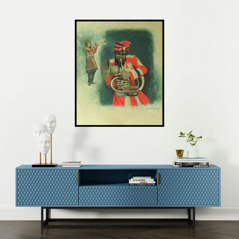 Farukh Nadaf's 'Jugalbandi' painting visualized above a sofa in a contemporary room.