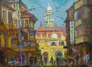 Juma Masjid Near Crawford (A Glimpse of Crawford Market) by Aman A, Original Oil Cityscape Painting on 300 GSM Paper, Small Horizontal Wall Art