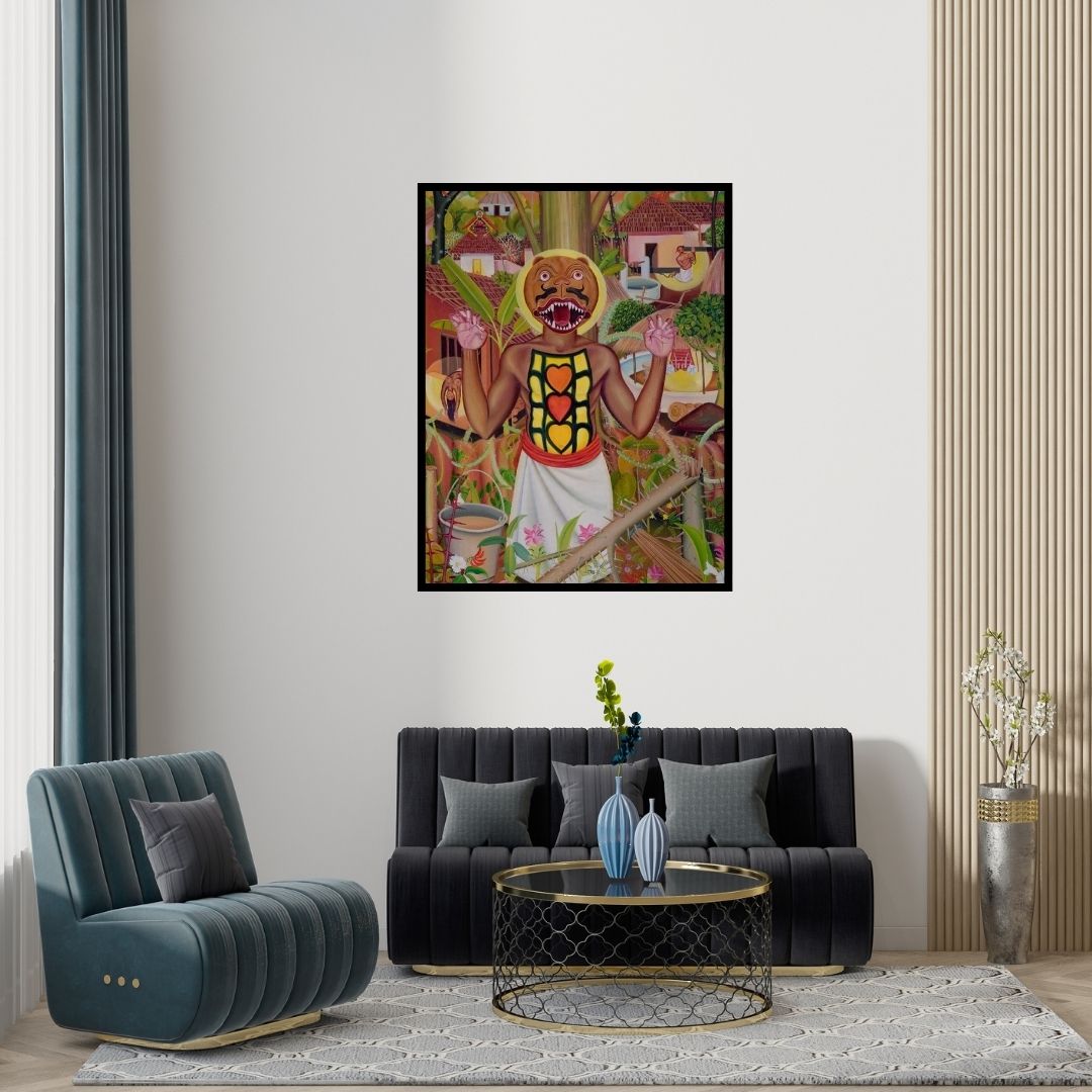 Preview of 'Kaari The Animal God (Village Guardian)' Painting by Rejeesh Sarovar shown on a wall in a furnished room.