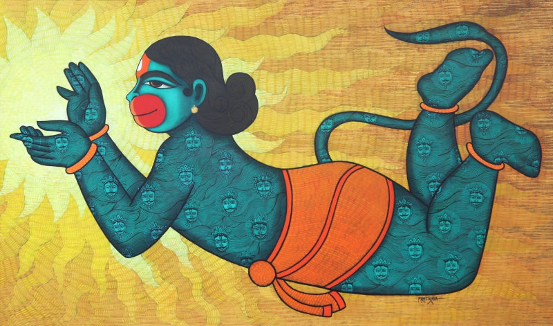 Kabalikruta Swallower Of The Sun' religious acrylic-charcoal painting by artist Pratiksha Bothe, 36x60 inch, on canvas
