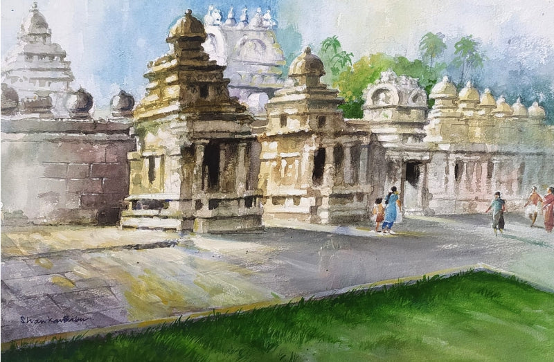 Kailasanathar Temple 2' religious watercolor painting by artist Sankara Babu, 11x17 inch, on paper