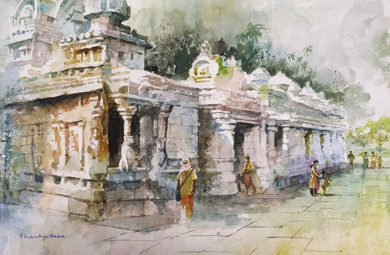 Kailasanathar Temple' religious watercolor painting by artist Sankara Babu, 11x17 inch, on paper