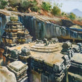 Cityscape watercolor painting titled 'Kailash Temple Ellora Caves', 21x30 inches, by artist Abhijit Jadhav on Paper