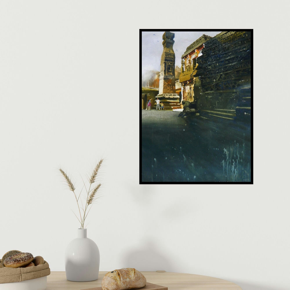 Vishal Chavan's 'Kailash Temple Ellora' painting visualized above a sofa in a contemporary room.