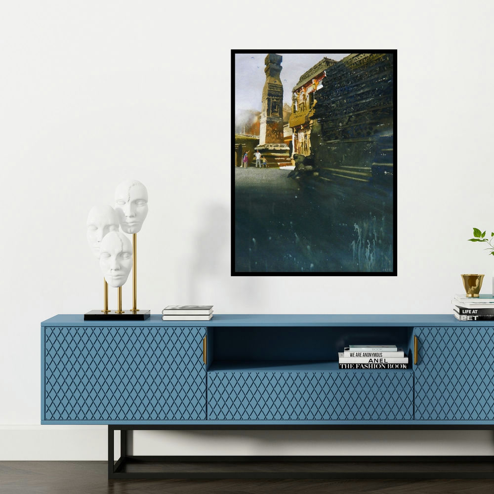 'Kailash Temple Ellora' painting by Vishal Chavan shown on a wall in a furnished room.