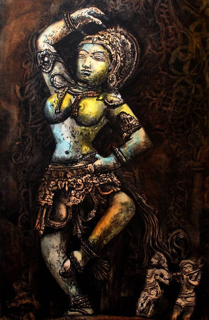 Kaishiki Style Dance' religious mixed-media painting by artist Gangu Naidu Pv, 36x24 inch, on canvas
