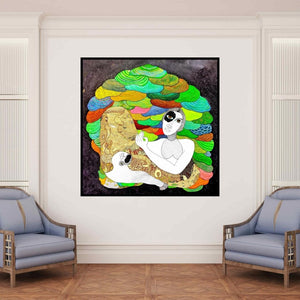 In-situ view of Poonam Kishor's 'Kala Ka Kisan 2 (Dreamlike Encounter)' painting in a room