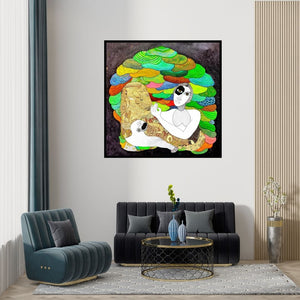 Preview of 'Kala Ka Kisan 2 (Dreamlike Encounter)' Painting by Poonam Kishor shown on a wall in a furnished room.