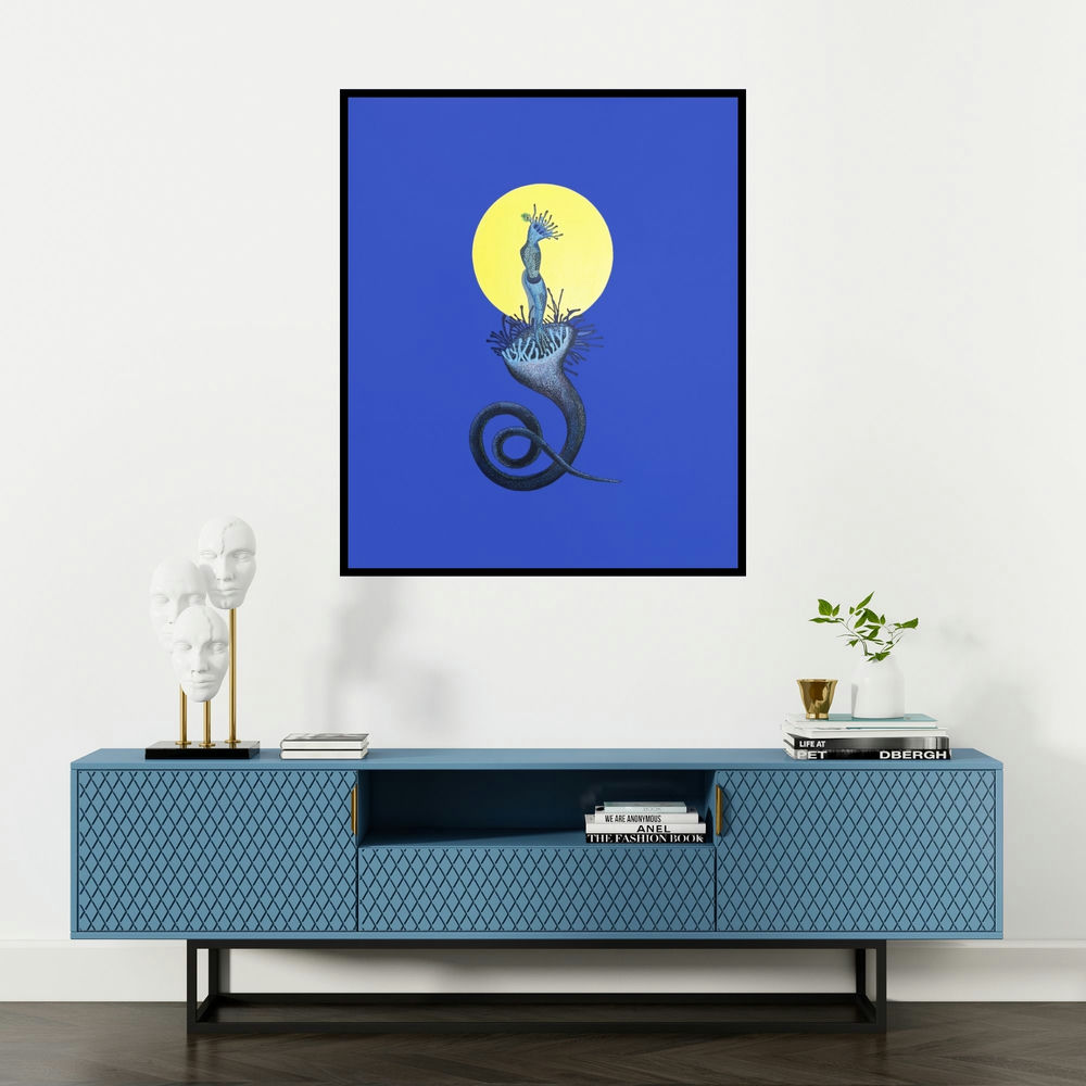 Nitesh Panchal's 'Kaliya (Untitled)' drawing visualized above a sofa in a contemporary room.