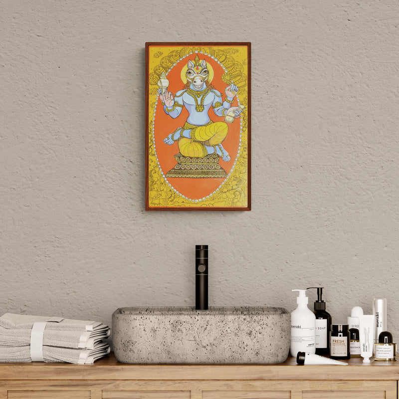 Preview of 'Kalki Avatar (Vishnu's Hayagriva Avatar)' Painting by Manisha Srivastava shown on a wall in a furnished room.