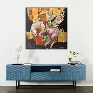 'Kalki Dasham Avtar (The Galloping Warrior)' painting by Kriti K C Saxena shown on a wall in a furnished room.