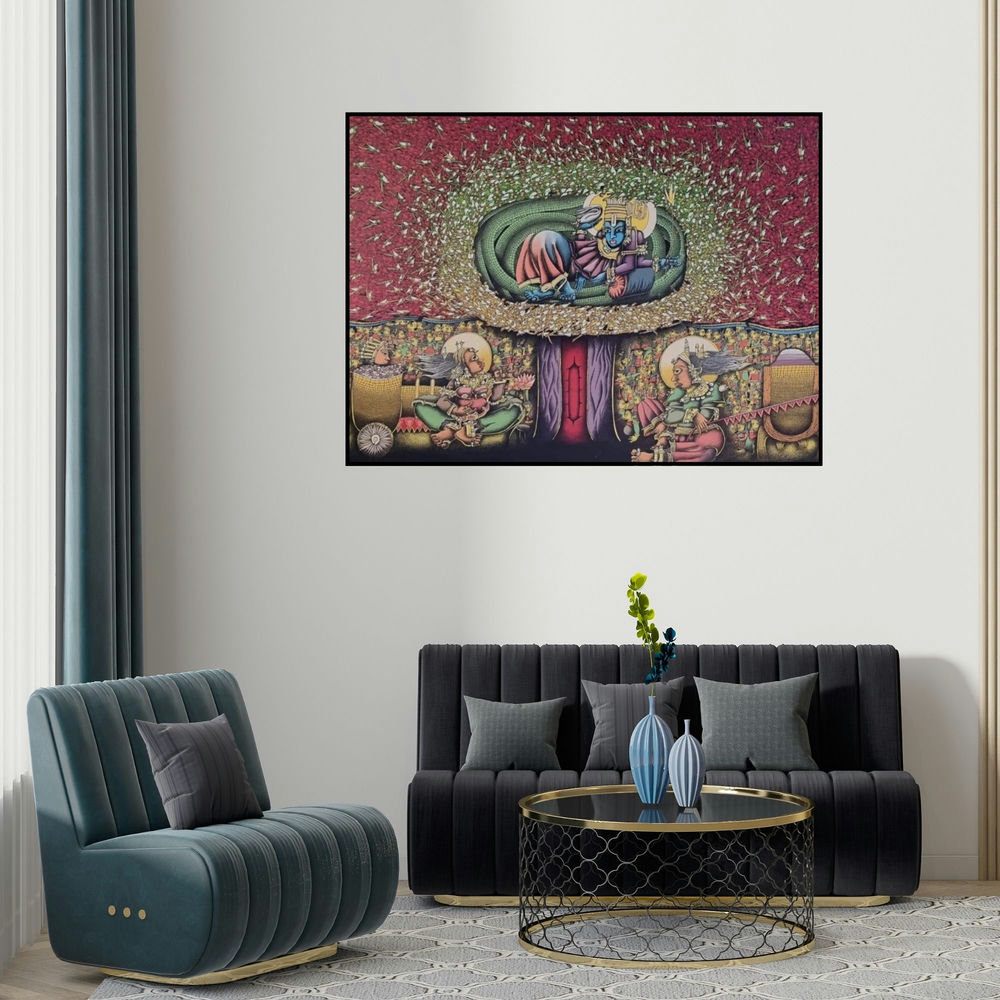 Jitendra Dangi's 'Kalpatru (Vishnu Ananta Shayana)' painting visualized above a sofa in a contemporary room.