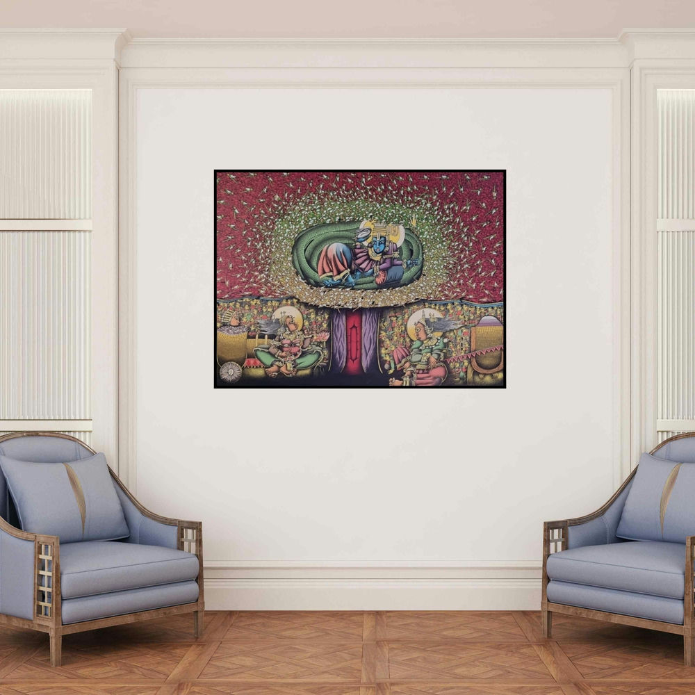 'Kalpatru (Vishnu Ananta Shayana)' painting by Jitendra Dangi shown on a wall in a furnished room.