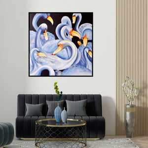 Deepali Mundra's 'Kalrav' painting visualized above a sofa in a contemporary room.