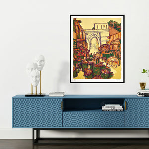 'Kalupur Darwaza (A Bustling Market Gateway)' painting by Vrindavan Solanki shown on a wall in a furnished room.