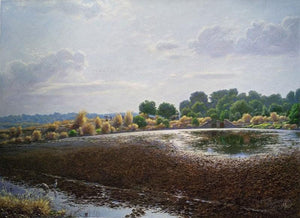 Kalvat Miraroad (Marshland Melody) by Sanjay Sarfare, Original Oil Landscape Painting on Canvas, Small Horizontal Wall Art