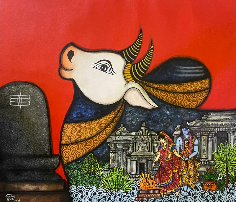 Kalyanasundara' religious mixed-media painting by artist Mrinal Dutt, 32x37 inch, on canvas