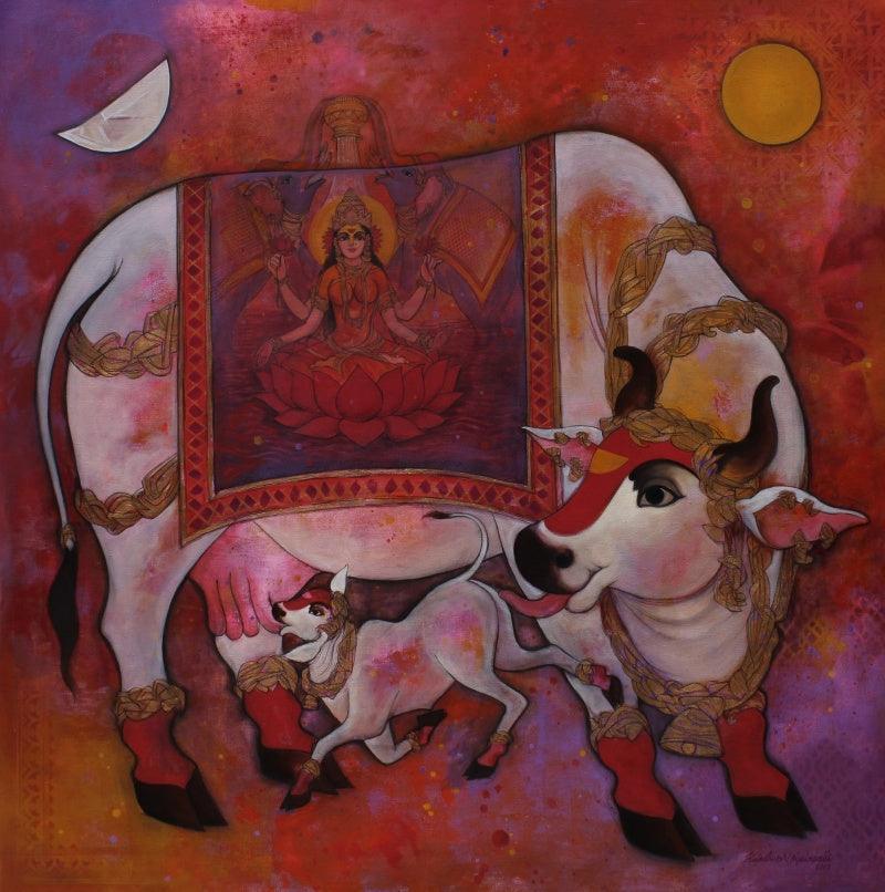 Religious acrylic painting titled 'Kamadenu 1', 36x36 inches, by artist N P Rajeshwarr on Canvas