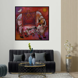 N P Rajeshwarr's 'Kamadenu 1 (Kamadhenu: The Wish-Fulfilling Cow)' painting visualized above a sofa in a contemporary room.