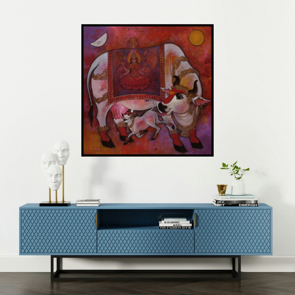 'Kamadenu 1 (Kamadhenu: The Wish-Fulfilling Cow)' painting by N P Rajeshwarr shown on a wall in a furnished room.