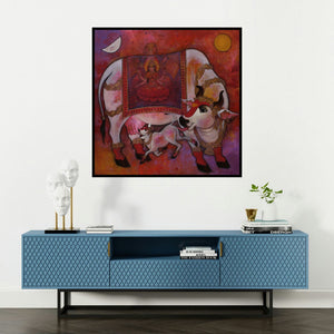 'Kamadenu 1 (Kamadhenu: The Wish-Fulfilling Cow)' painting by N P Rajeshwarr shown on a wall in a furnished room.