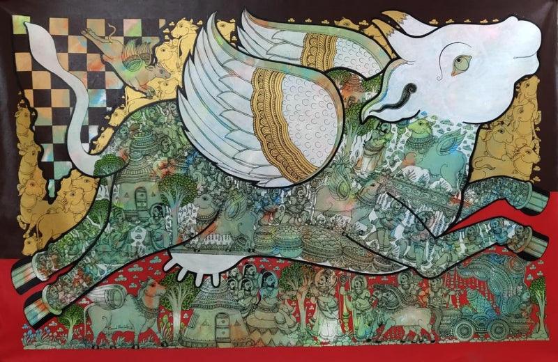 Religious acrylic painting titled 'Kamadhenu 2', 60x36 inches, by artist Ramesh Gorjala on Canvas