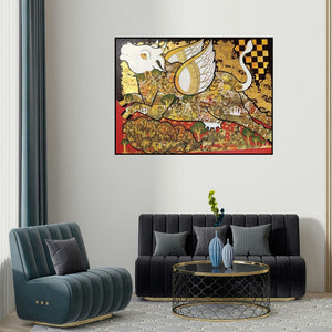 Ramesh Gorjala's 'Kamadhenu (Kamadhenu, the Wish-Fulfilling Cow)' painting visualized above a sofa in a contemporary room.