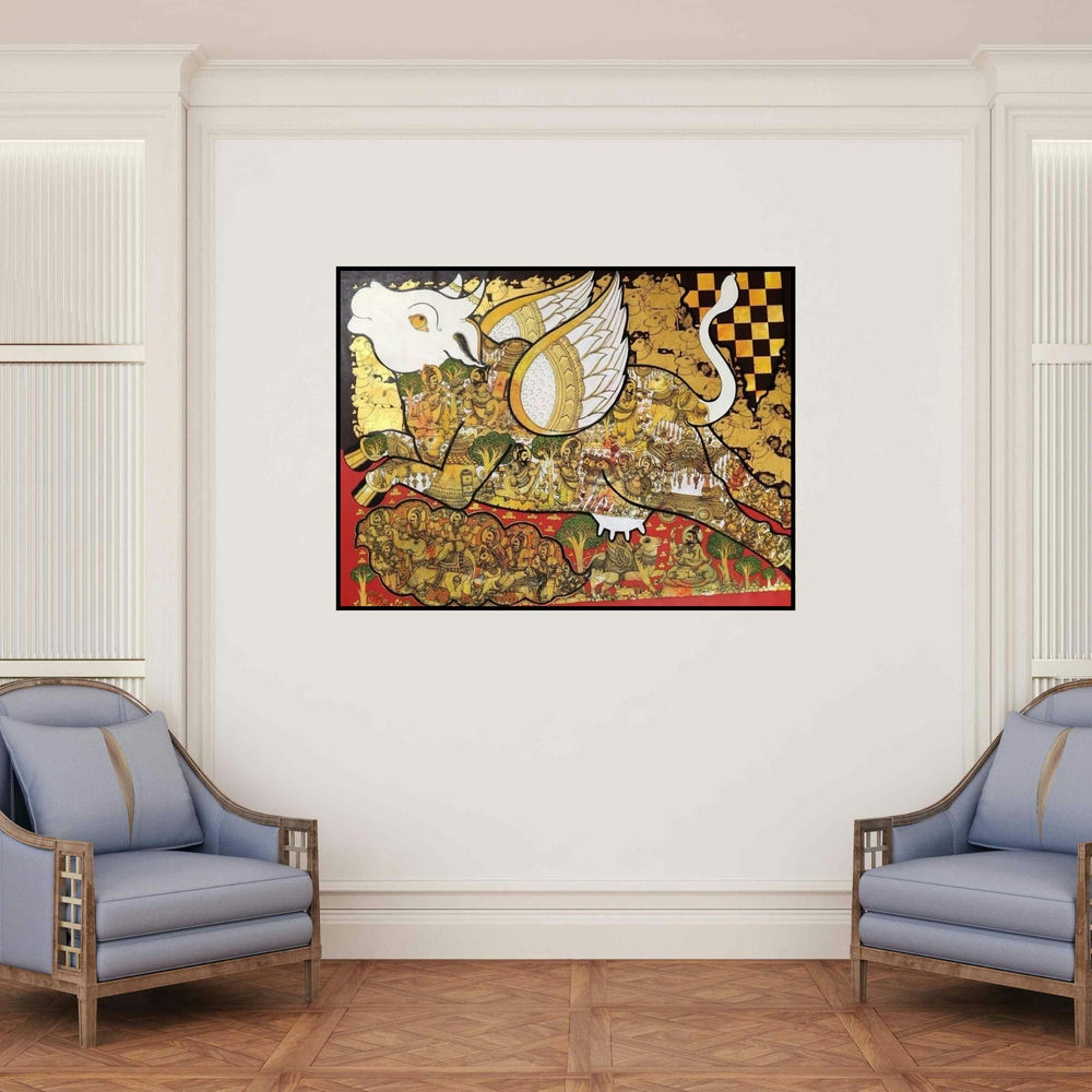 'Kamadhenu (Kamadhenu, the Wish-Fulfilling Cow)' painting by Ramesh Gorjala shown on a wall in a furnished room.