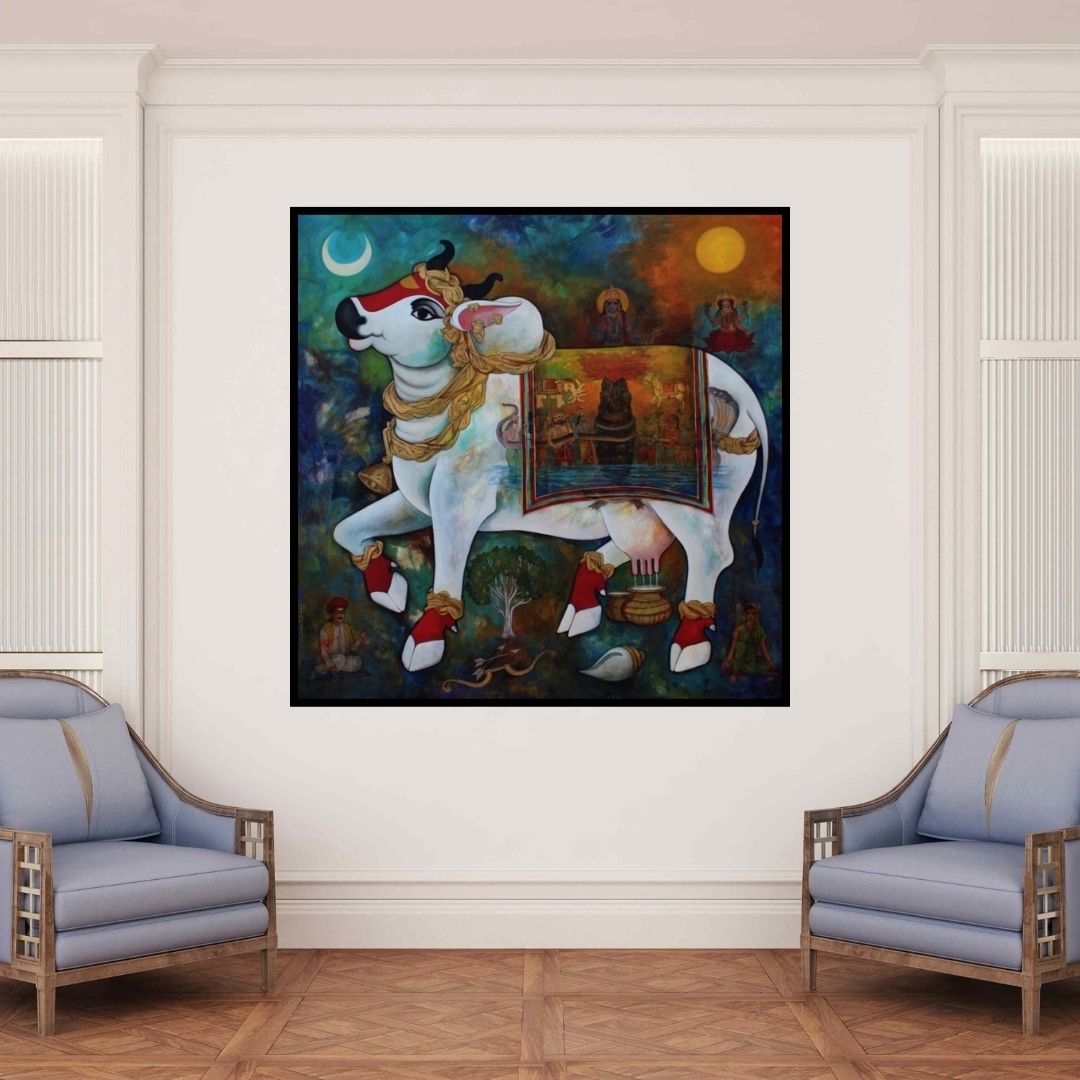 In-situ view of N P Rajeshwarr's 'Kamadhenu (The Divine Cow)' painting in a room